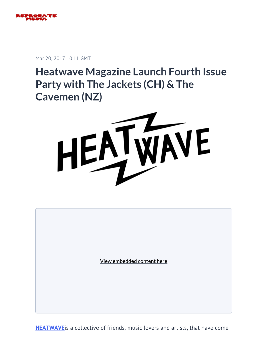 Heatwave Magazine Launch Fourth Issue Party with the Jackets (CH) & the Cavemen (NZ)