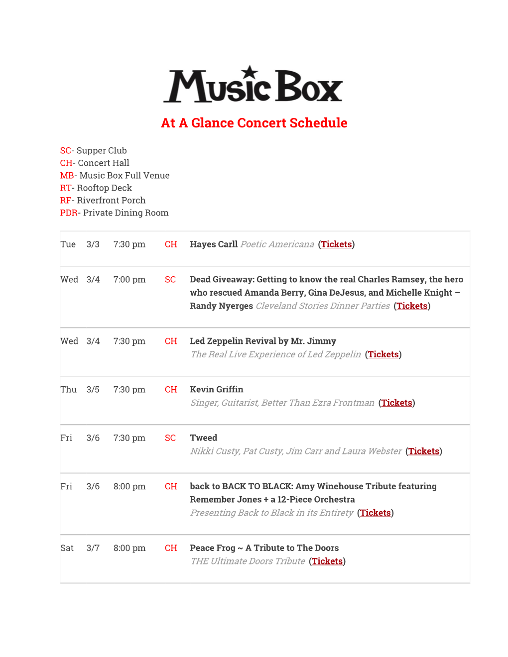 At a Glance Concert Schedule