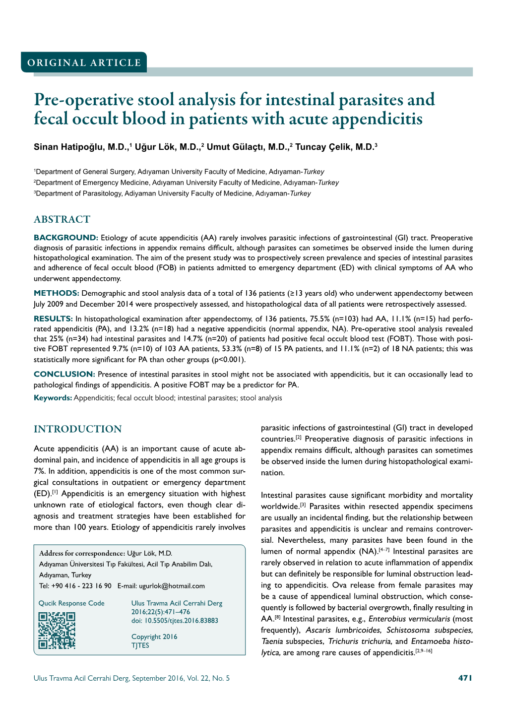 Pre-Operative Stool Analysis for Intestinal Parasites and Fecal Occult Blood in Patients with Acute Appendicitis