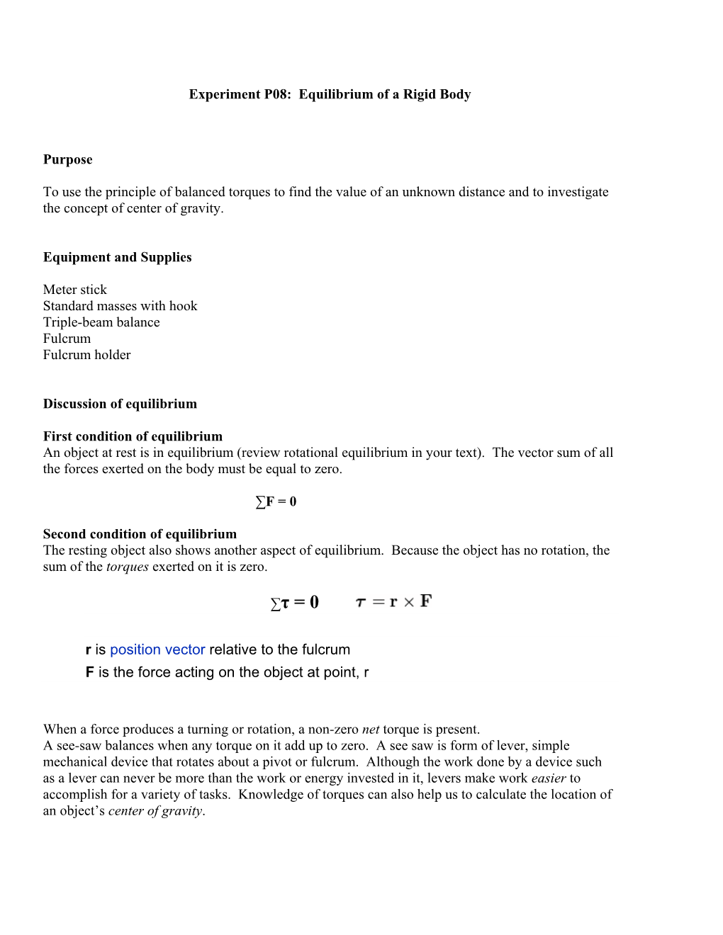 Experiment 10: Equilibrium Rigid Body