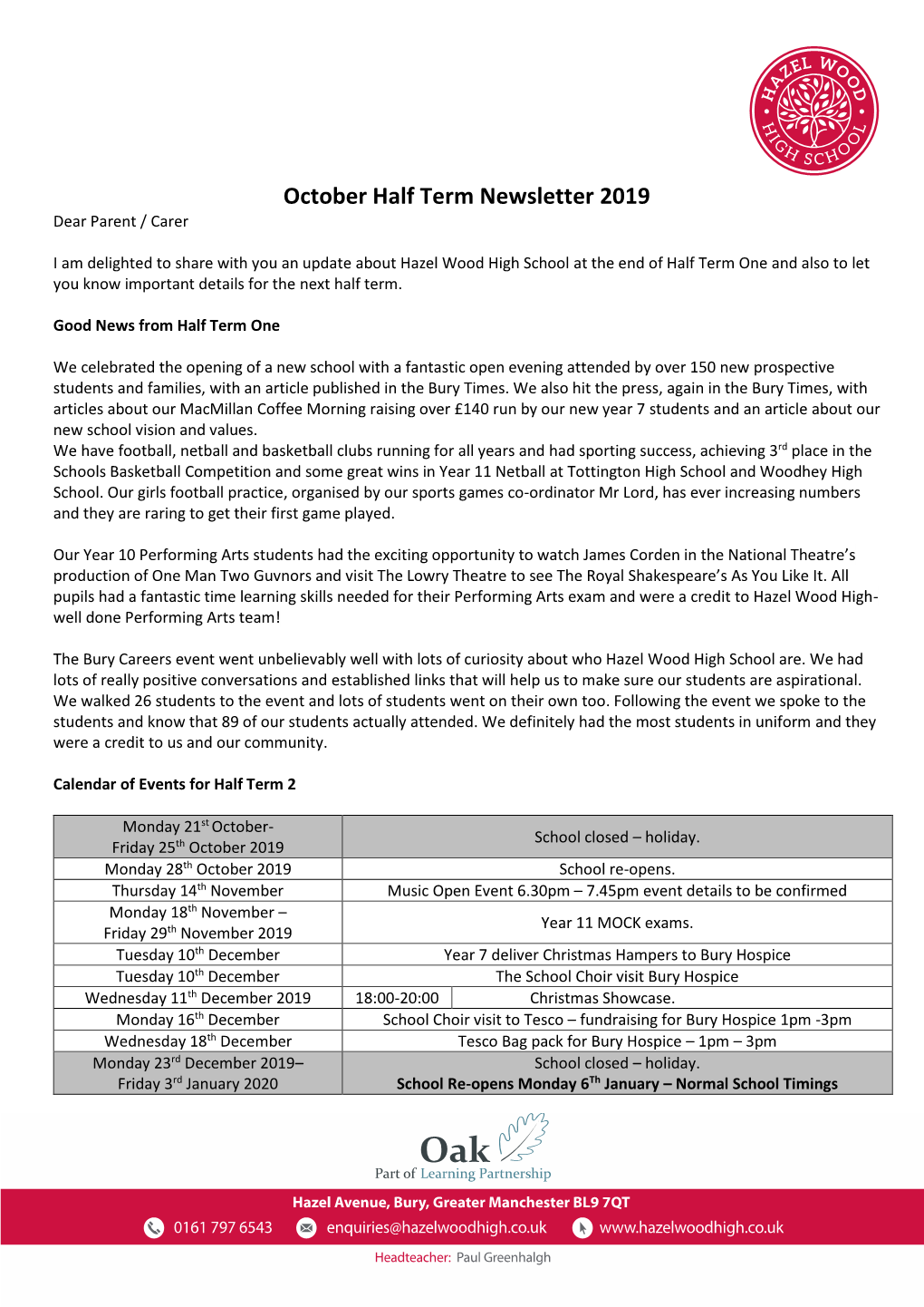 October Half Term Newsletter 2019 Dear Parent / Carer