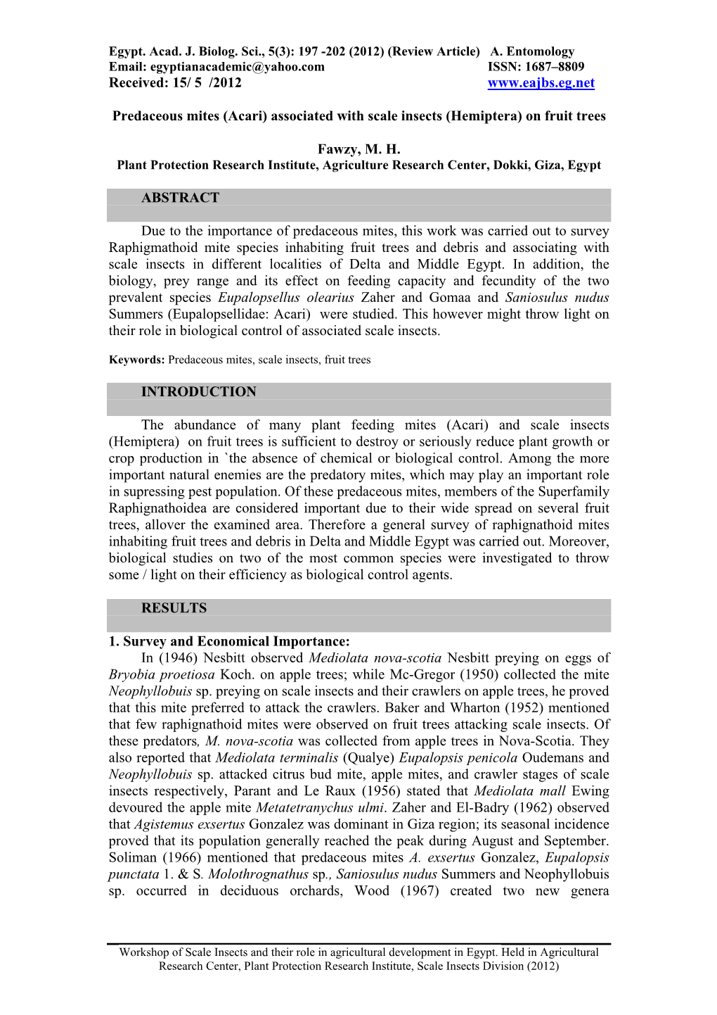 (Acari) Associated with Scale Insects (Hemiptera) on Fruit Trees Fa