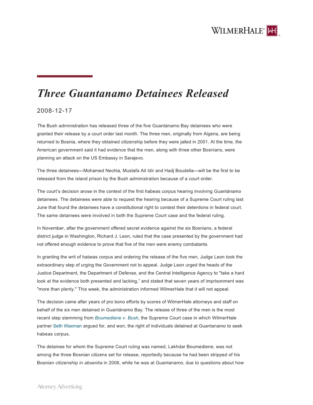 Three Guantanamo Detainees Released | Wilmerhale