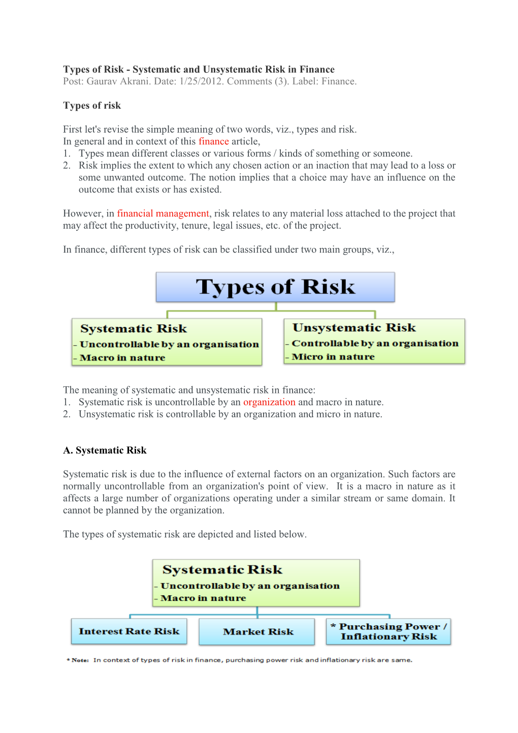 Types of Risk - Systematic and Unsystematic Risk in Finance Post: Gaurav Akrani