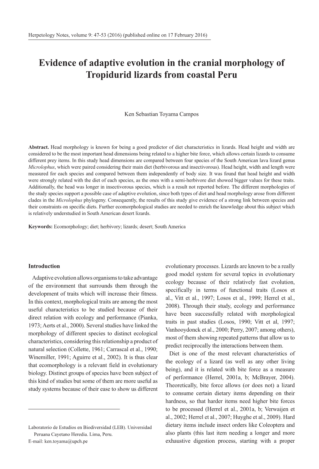 Evidence of Adaptive Evolution in the Cranial Morphology of Tropidurid Lizards from Coastal Peru