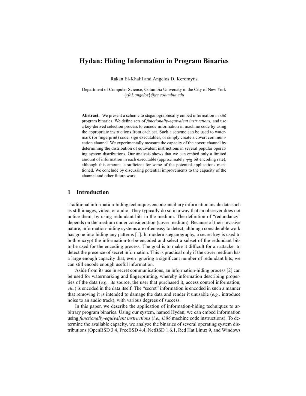 Hydan: Hiding Information in Program Binaries