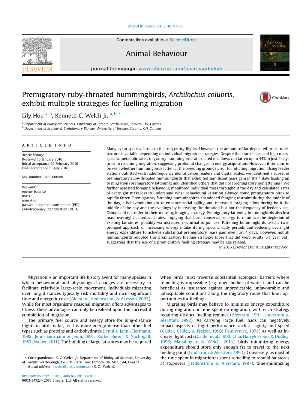 Premigratory Ruby-Throated Hummingbirds, Archilochus Colubris, Exhibit Multiple Strategies for Fuelling Migration