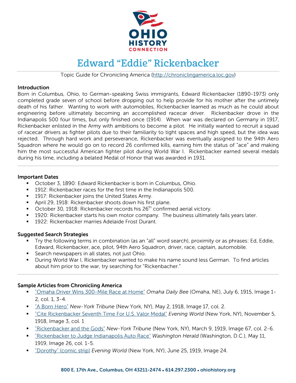 Edward “Eddie” Rickenbacker Topic Guide for Chronicling America (