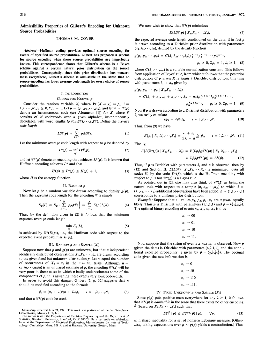 Admissibility Properties of Gilbert's Encoding for Unknown Source