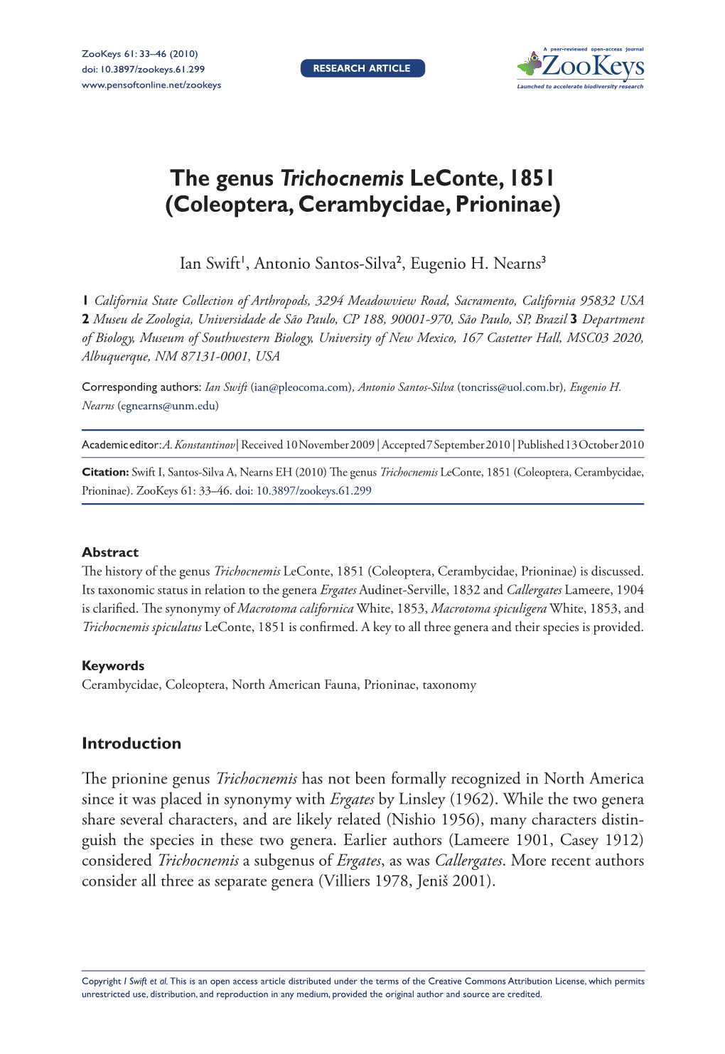 The Genus Trichocnemis Leconte, 1851 (Coleoptera, Cerambycidae, Prioninae)