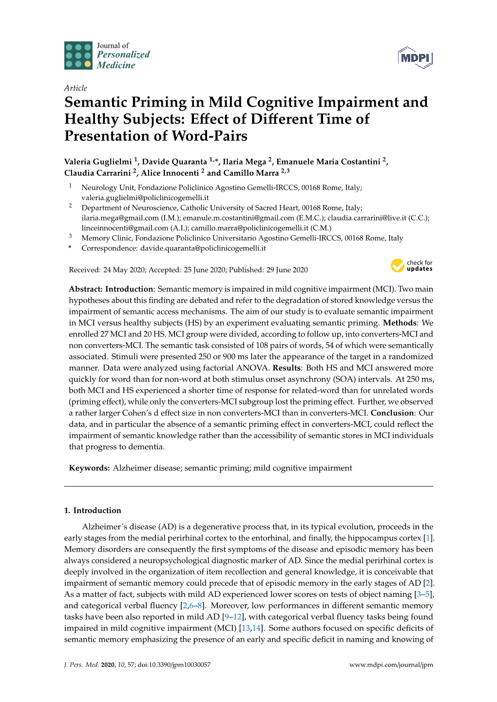 Semantic Priming in Mild Cognitive Impairment and Healthy Subjects: Eﬀect of Diﬀerent Time of Presentation of Word-Pairs