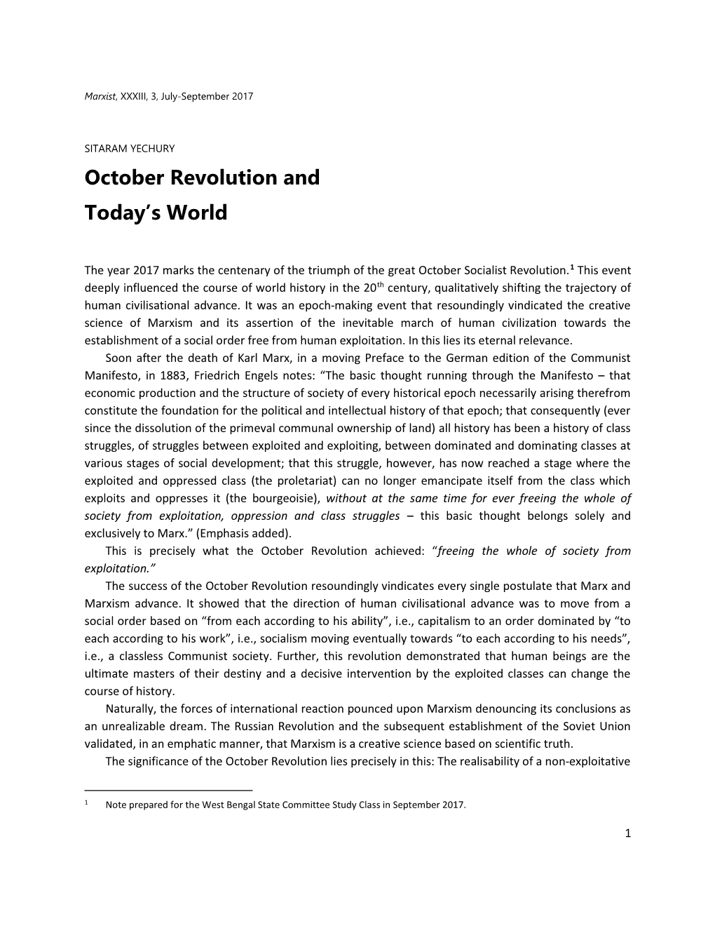 October Revolution and Today's World