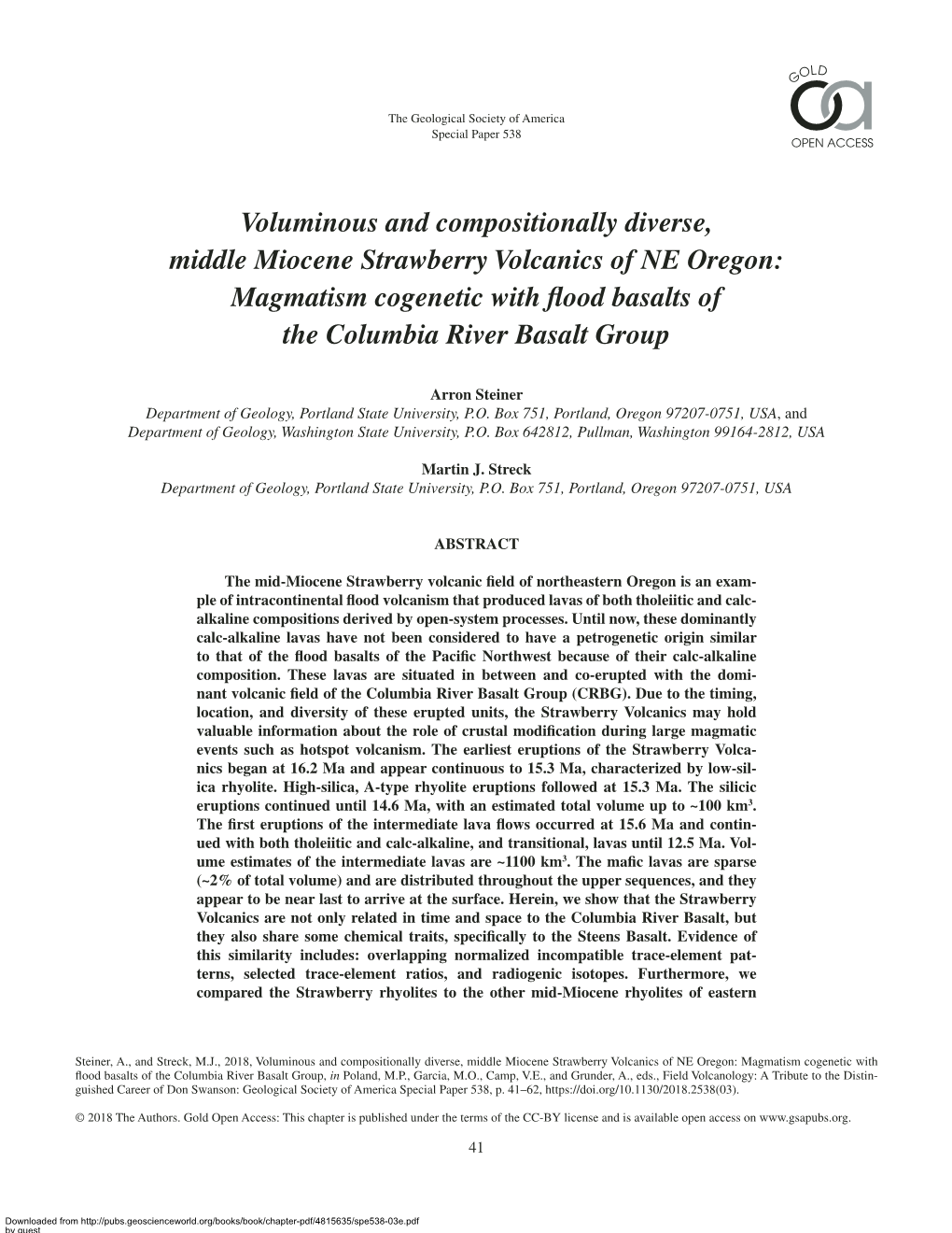 Voluminous and Compositionally Diverse, Middle Miocene Strawberry Volcanics of NE Oregon: Magmatism Cogenetic with ﬂ Ood Basalts of the Columbia River Basalt Group