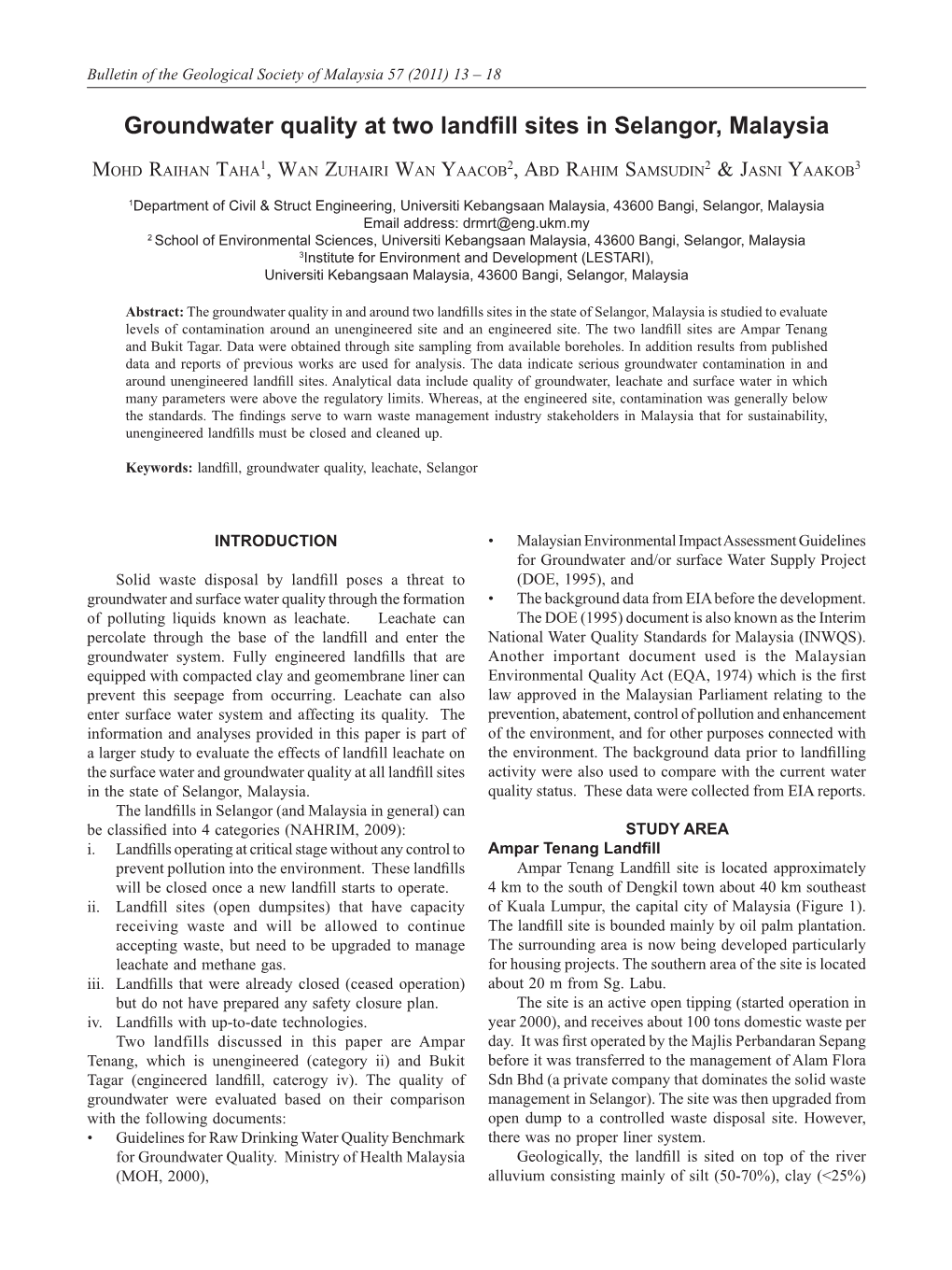 Groundwater Quality at Two Landfill Sites in Selangor, Malaysia