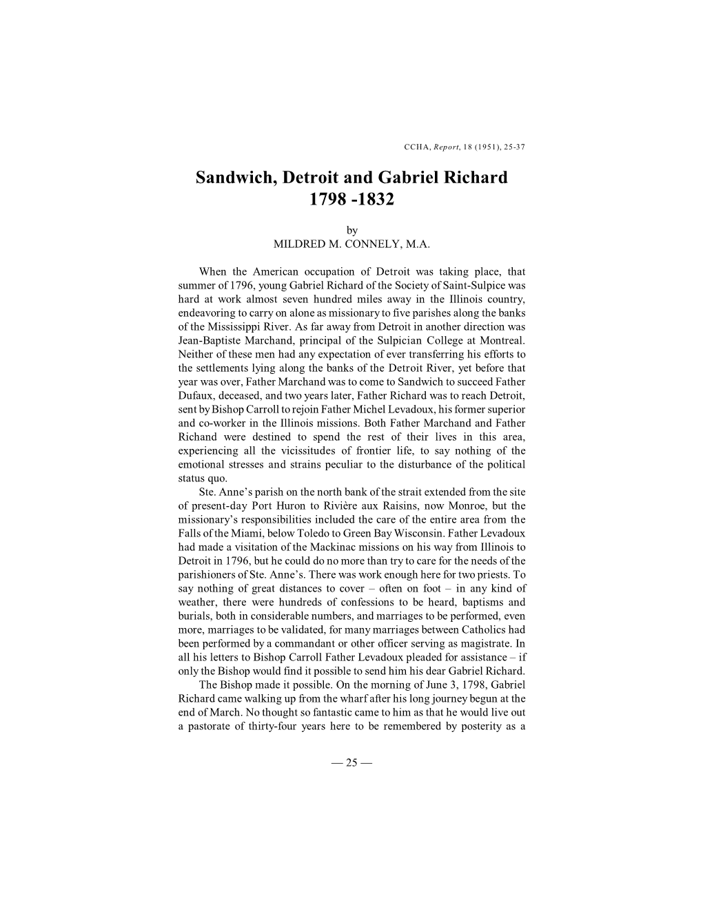 Sandwich, Detroit and Gabriel Richard 1798 -1832