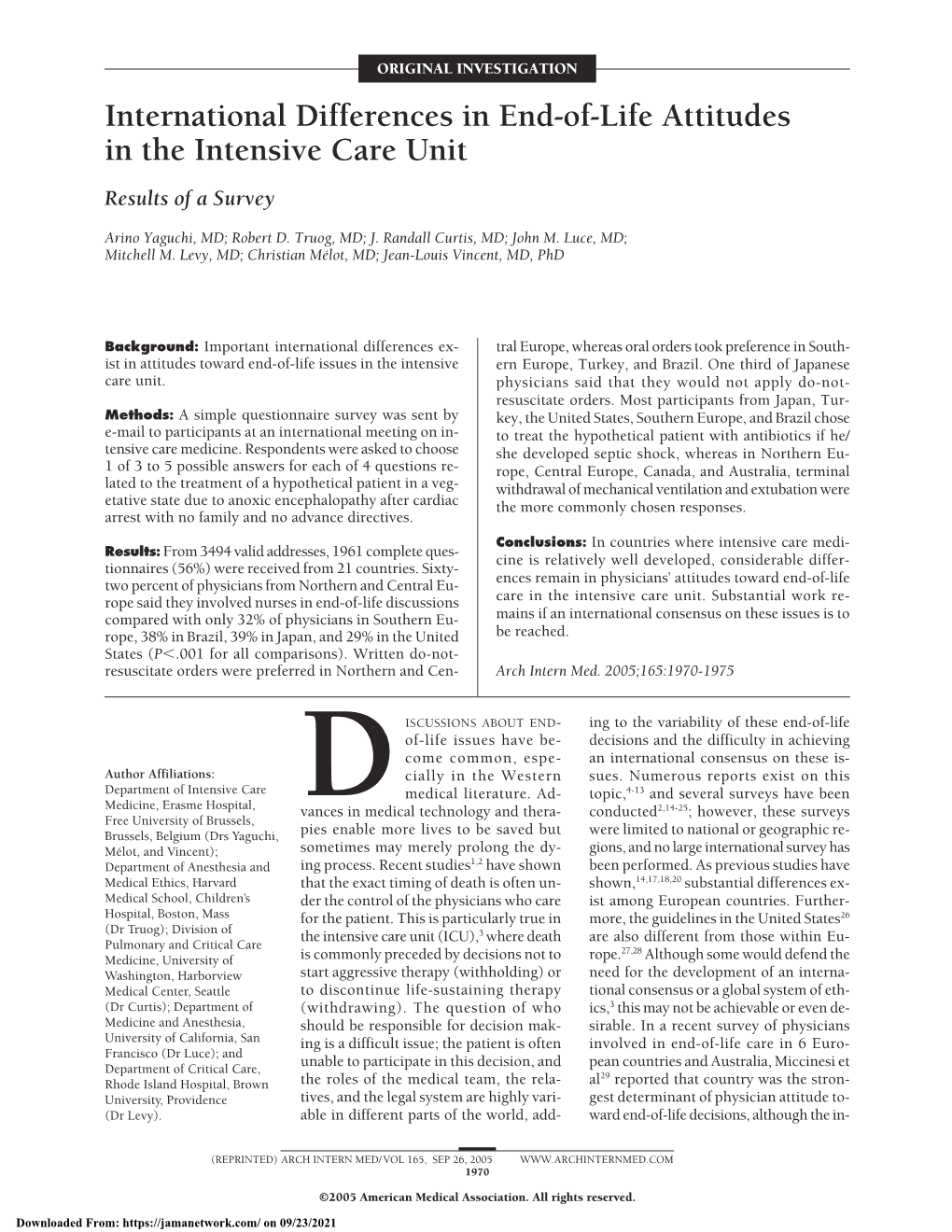 International Differences in End-Of-Life Attitudes in the Intensive Care Unit Results of a Survey