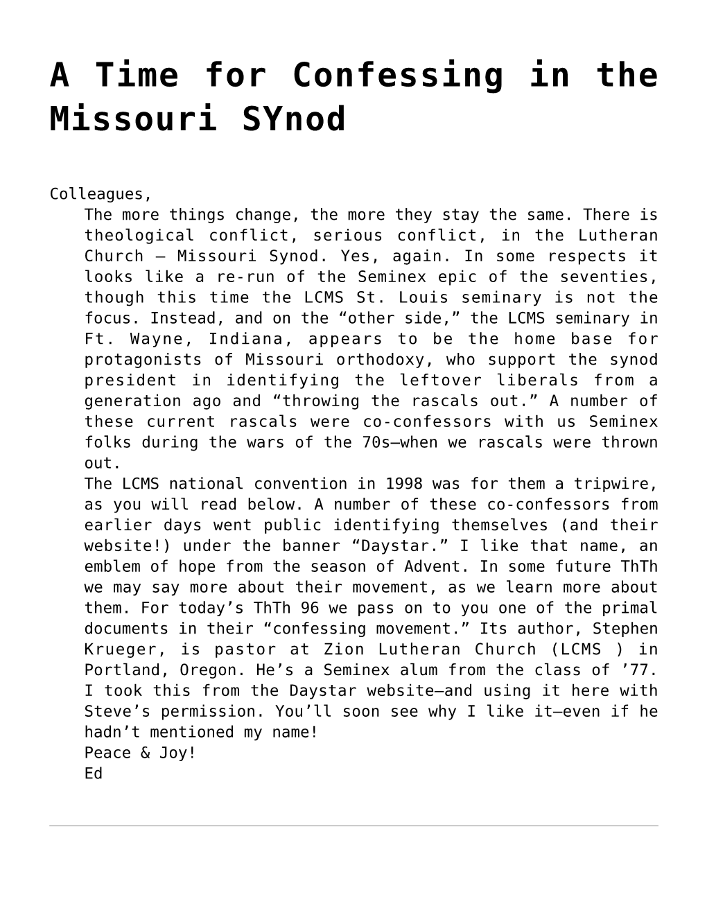 A Time for Confessing in the Missouri Synod