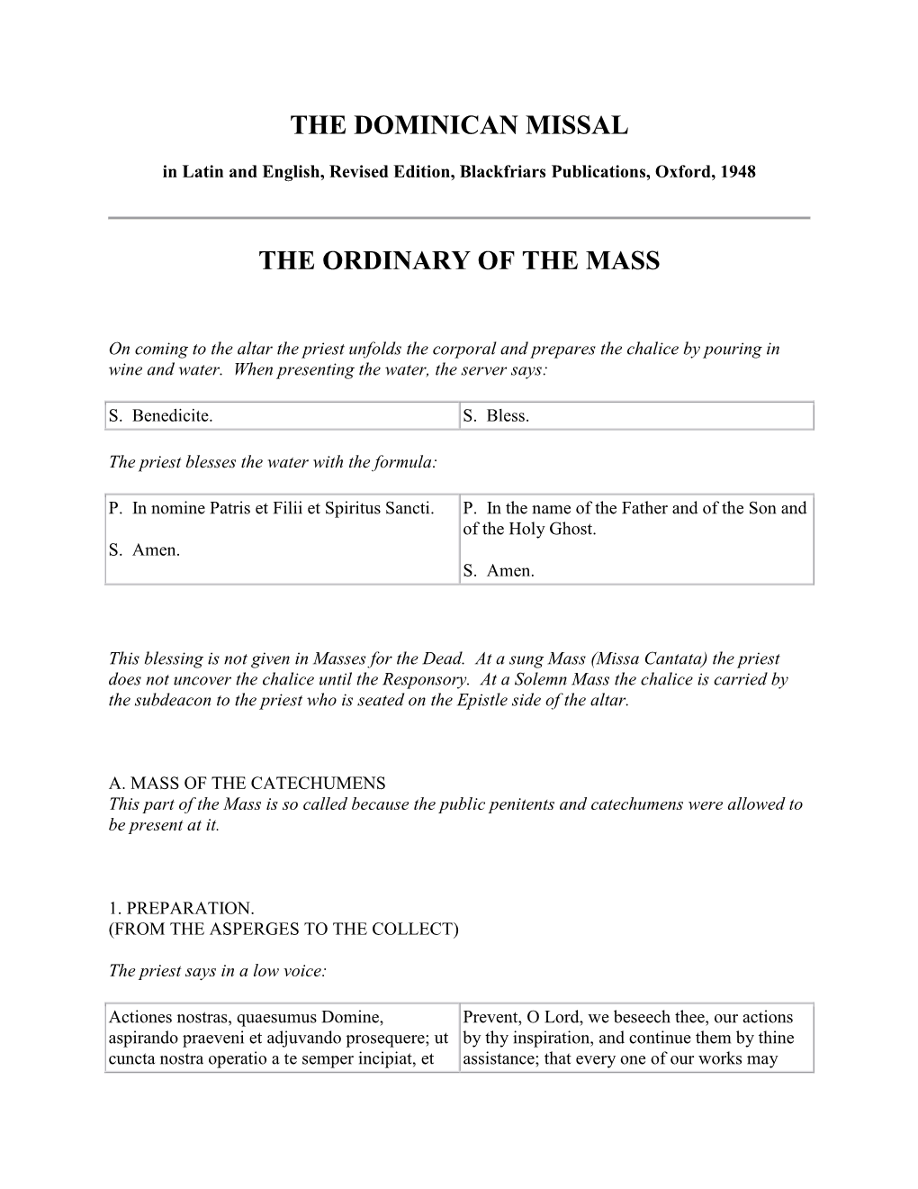 The Dominican Missal the Ordinary of the Mass
