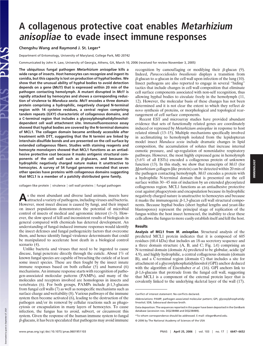 A Collagenous Protective Coat Enables Metarhizium Anisopliae to Evade Insect Immune Responses