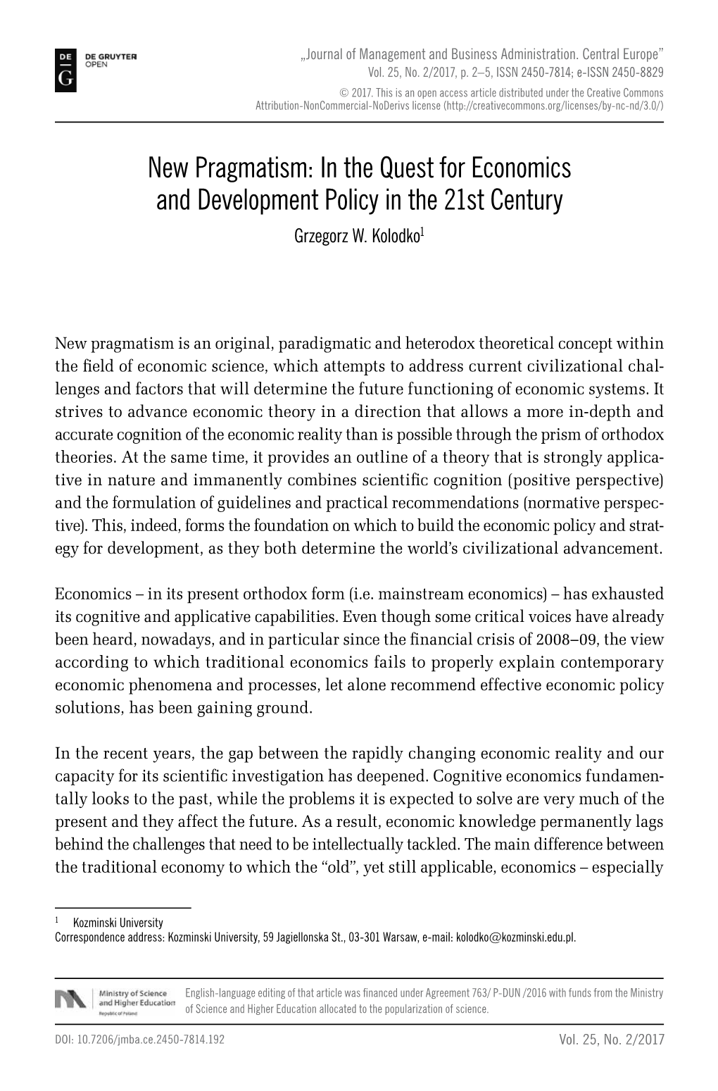 New Pragmatism: in the Quest for Economics and Development Policy in the 21St Century Grzegorz W