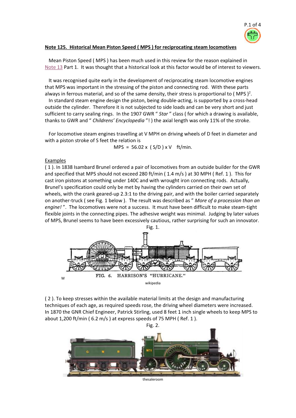 For Reciprocating Steam Locomotives Mean Piston Speed