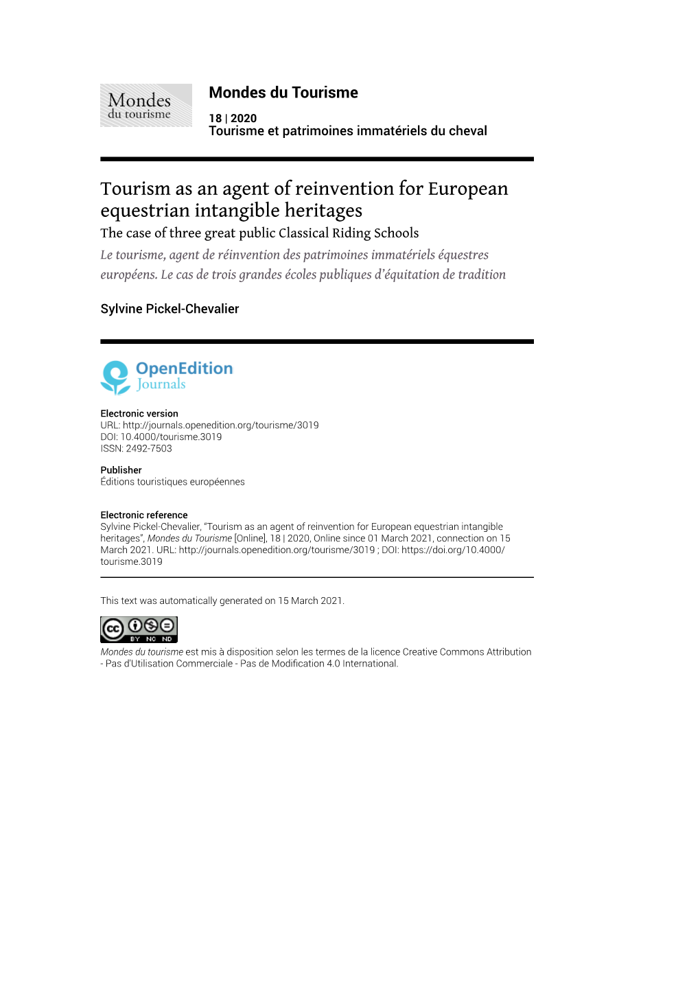 Mondes Du Tourisme, 18 | 2020 Tourism As an Agent of Reinvention for European Equestrian Intangible Heritages 2