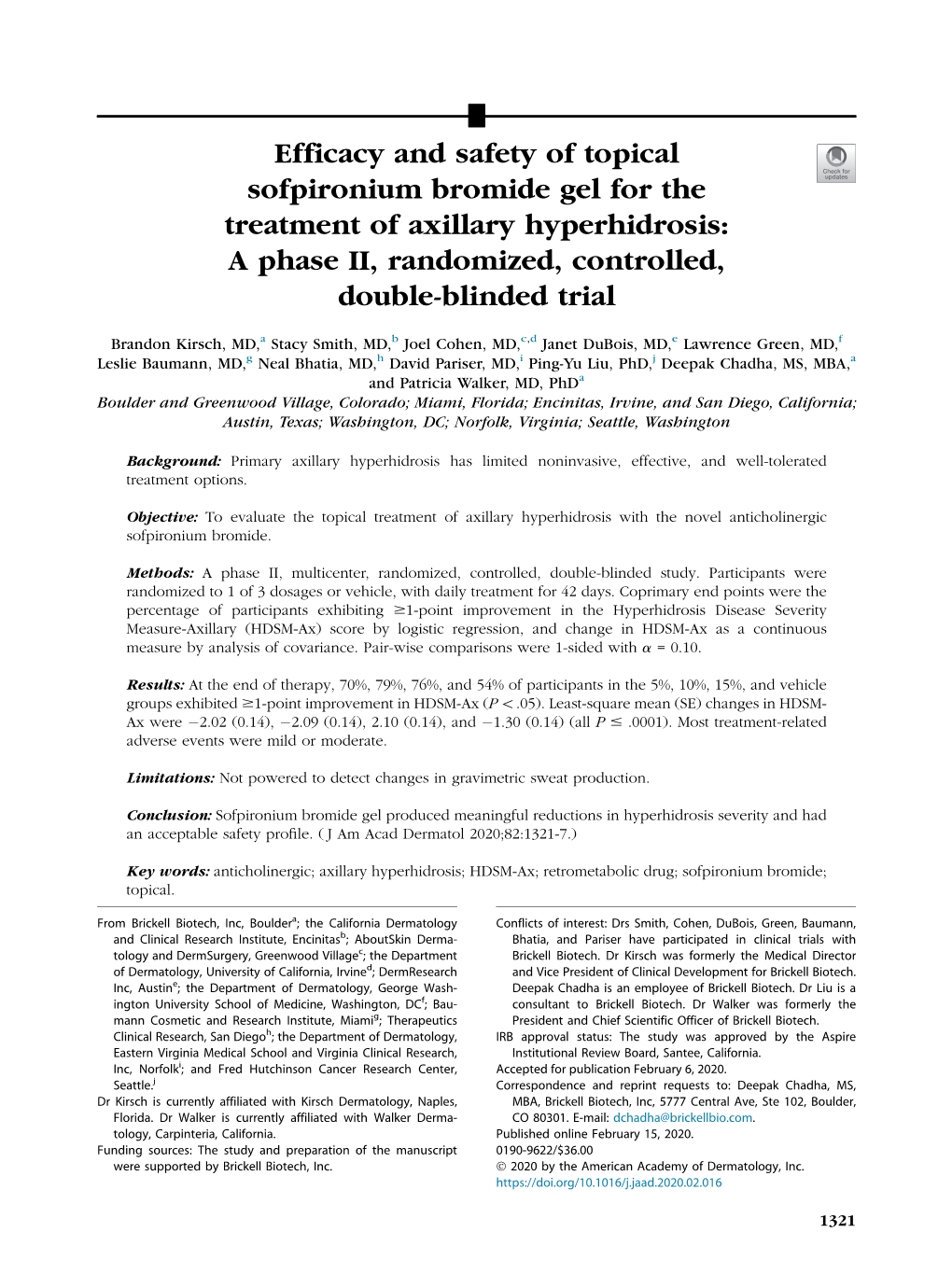 Efficacy and Safety of Topical Sofpironium Bromide Gel for the Treatment of Axillary Hyperhidrosis: a Phase II, Randomized, Controlled, Double-Blinded Trial