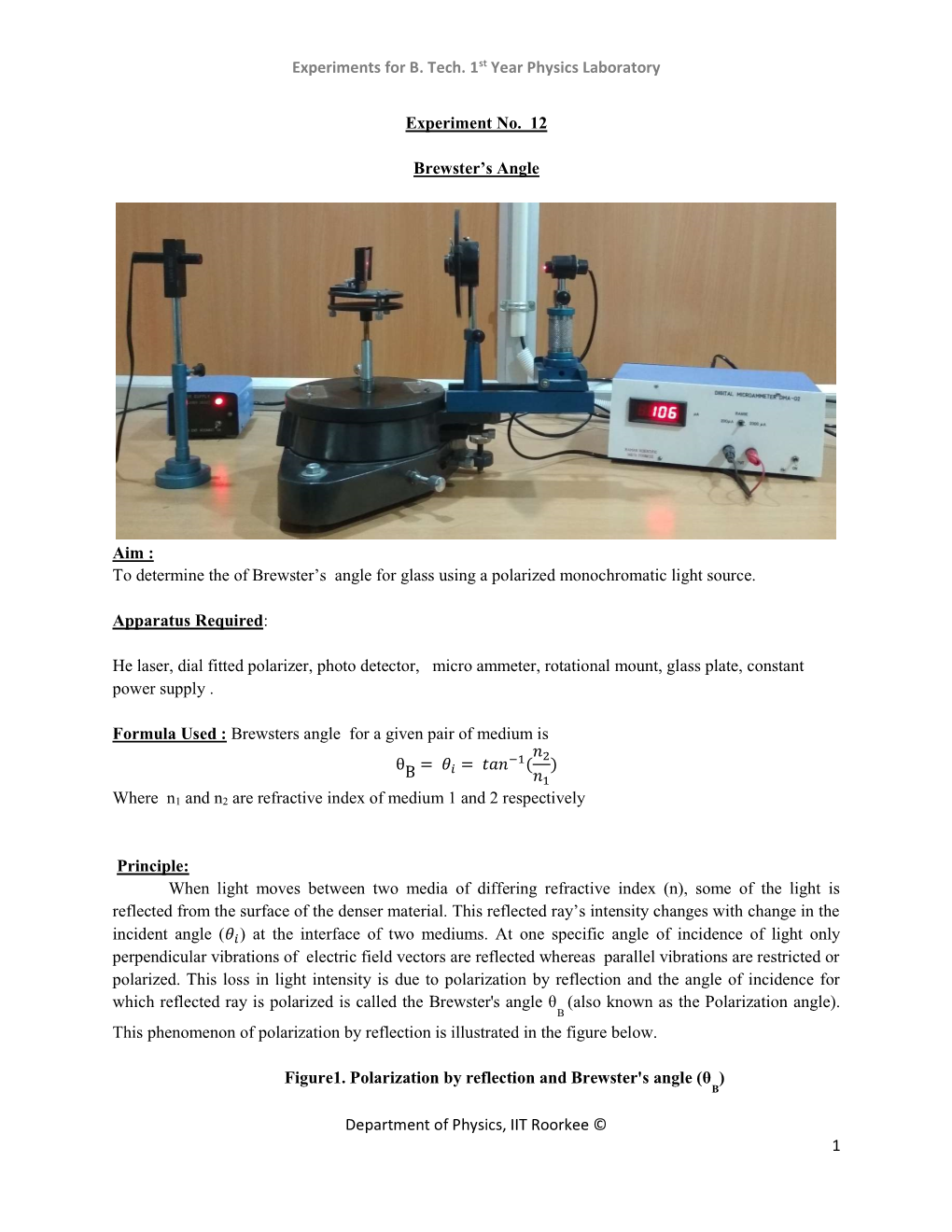 Experiments for B. Tech. 1St Year Physics Laboratory Department Of