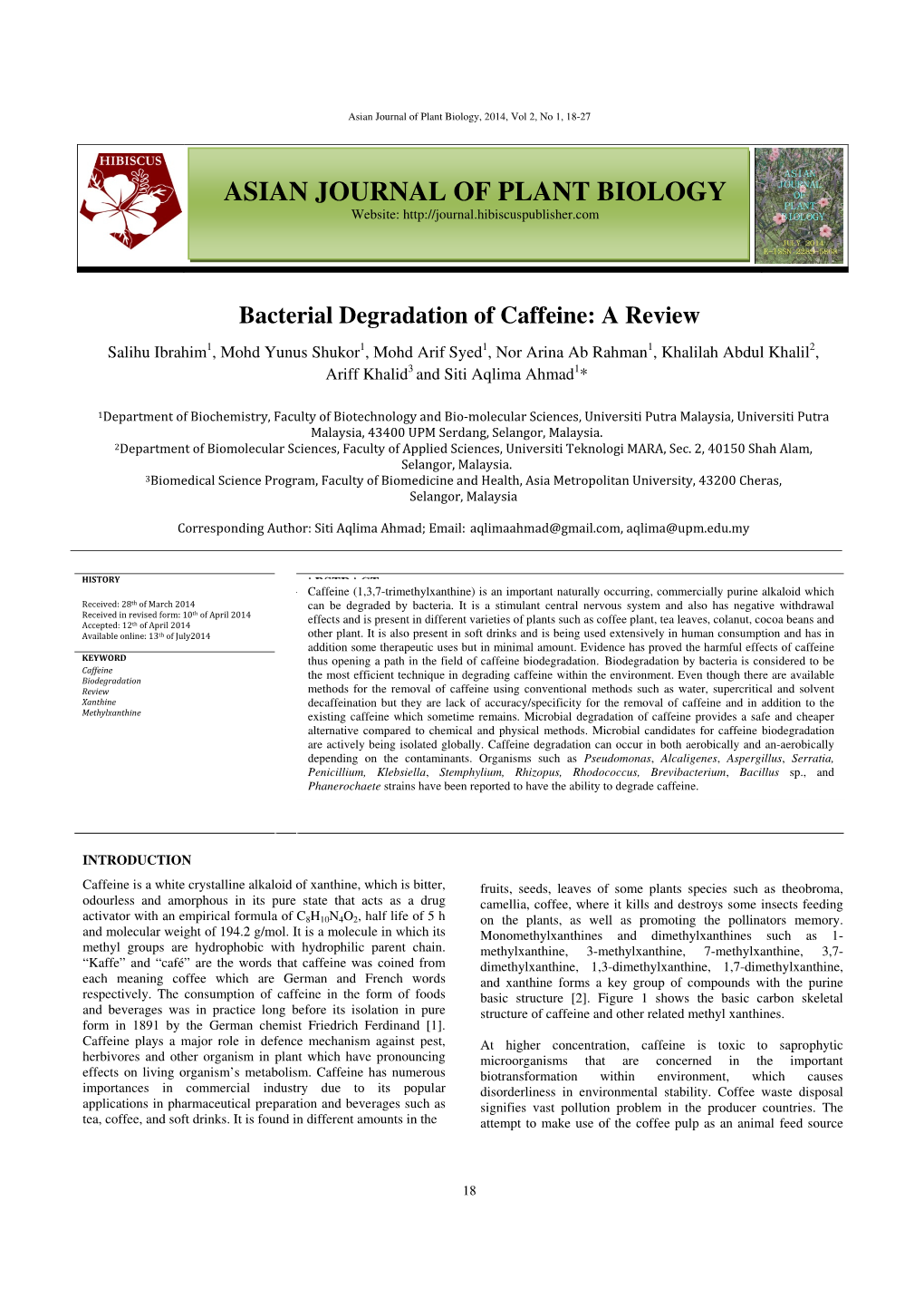 Asian Journal of Plant Biology, 2014, Vol 2, No 1, 18-27