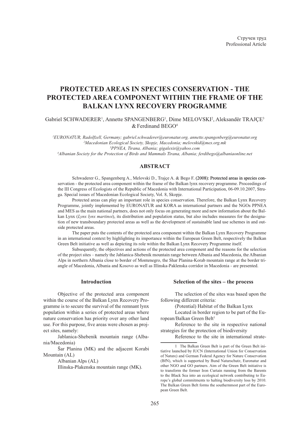 Protected Areas in Species Conservation - the Protected Area Component Within the Frame of the Balkan Lynx Recovery Programme