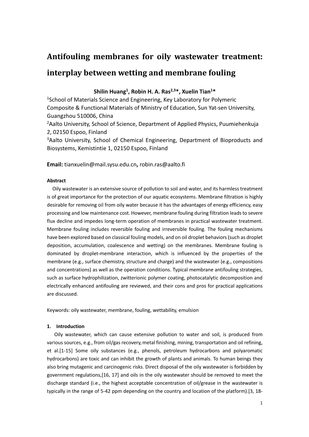 Antifouling Membranes for Oily Wastewater Treatment: Interplay Between Wetting and Membrane Fouling