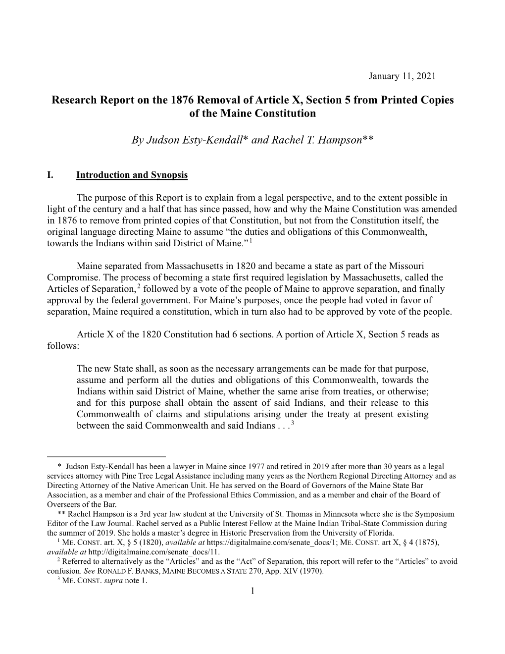 Research Report on the 1876 Removal of Article X, Section 5 from Printed Copies of the Maine Constitution