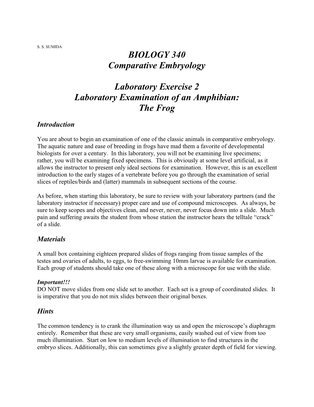 Biology 340, Comparative Embryology, Laboratory Exercise 2 Page 7