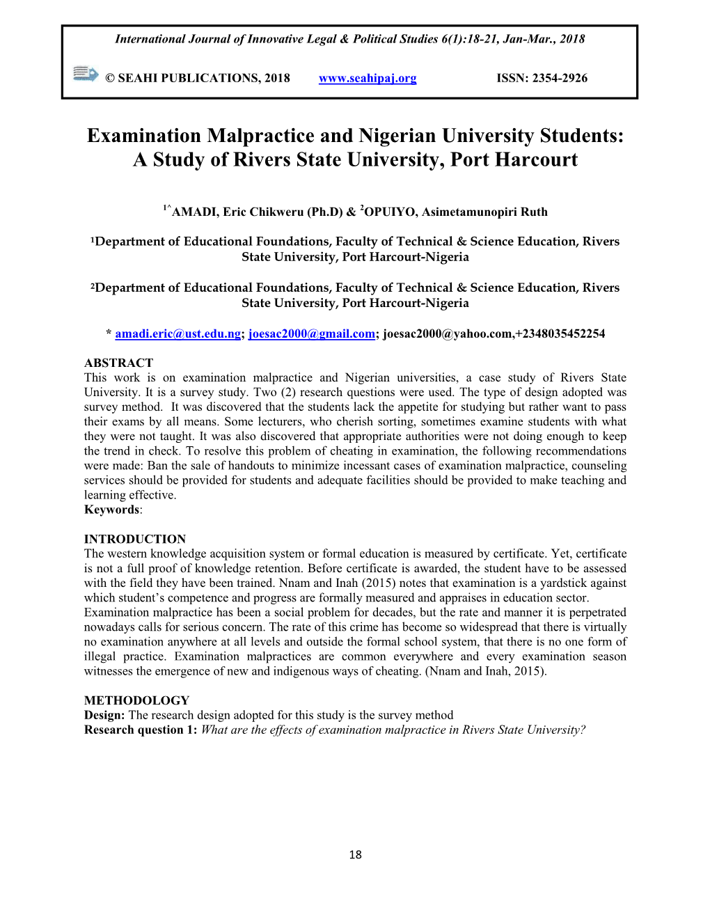 Examination Malpractice and Nigerian University Students: a Study of Rivers State University, Port Harcourt