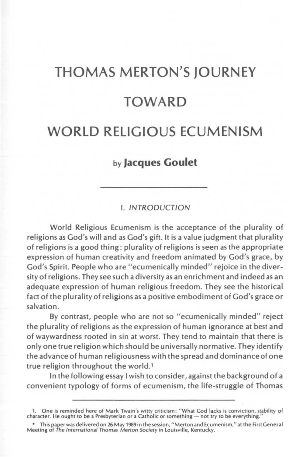 Thomas Merton's Journey Toward World Religious Ecumenism