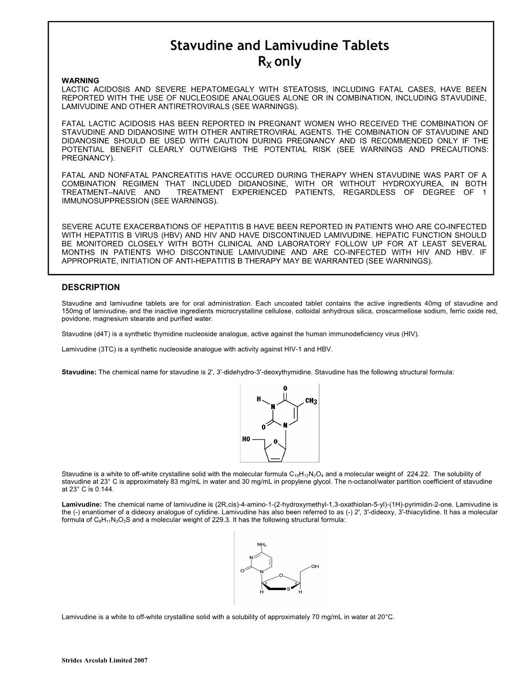 Stavudine and Lamivudine Tablets RX Only