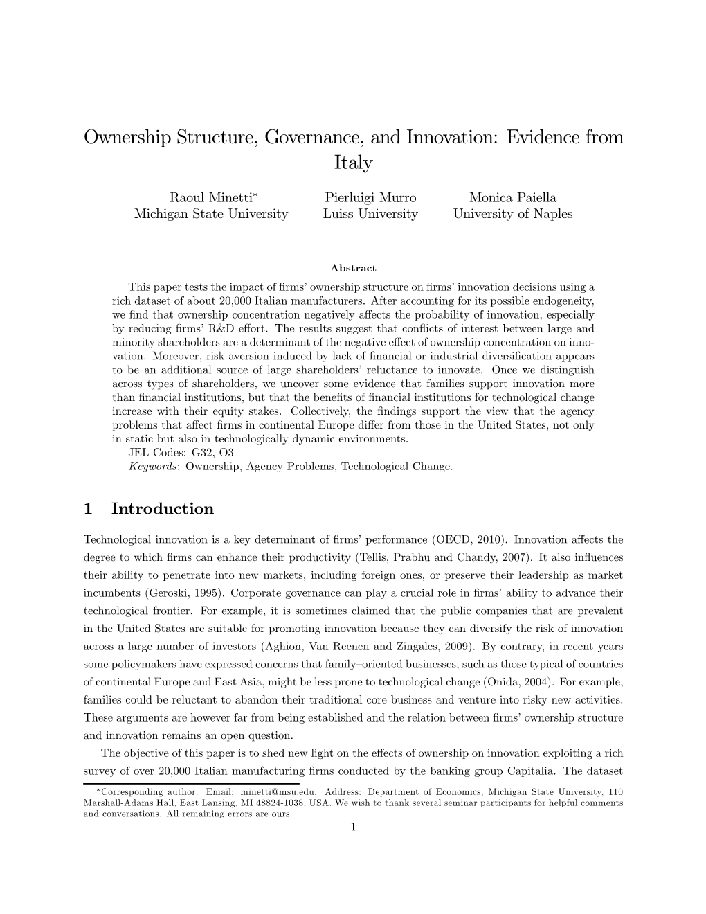 Ownership Structure, Governance, and Innovation: Evidence from Italy