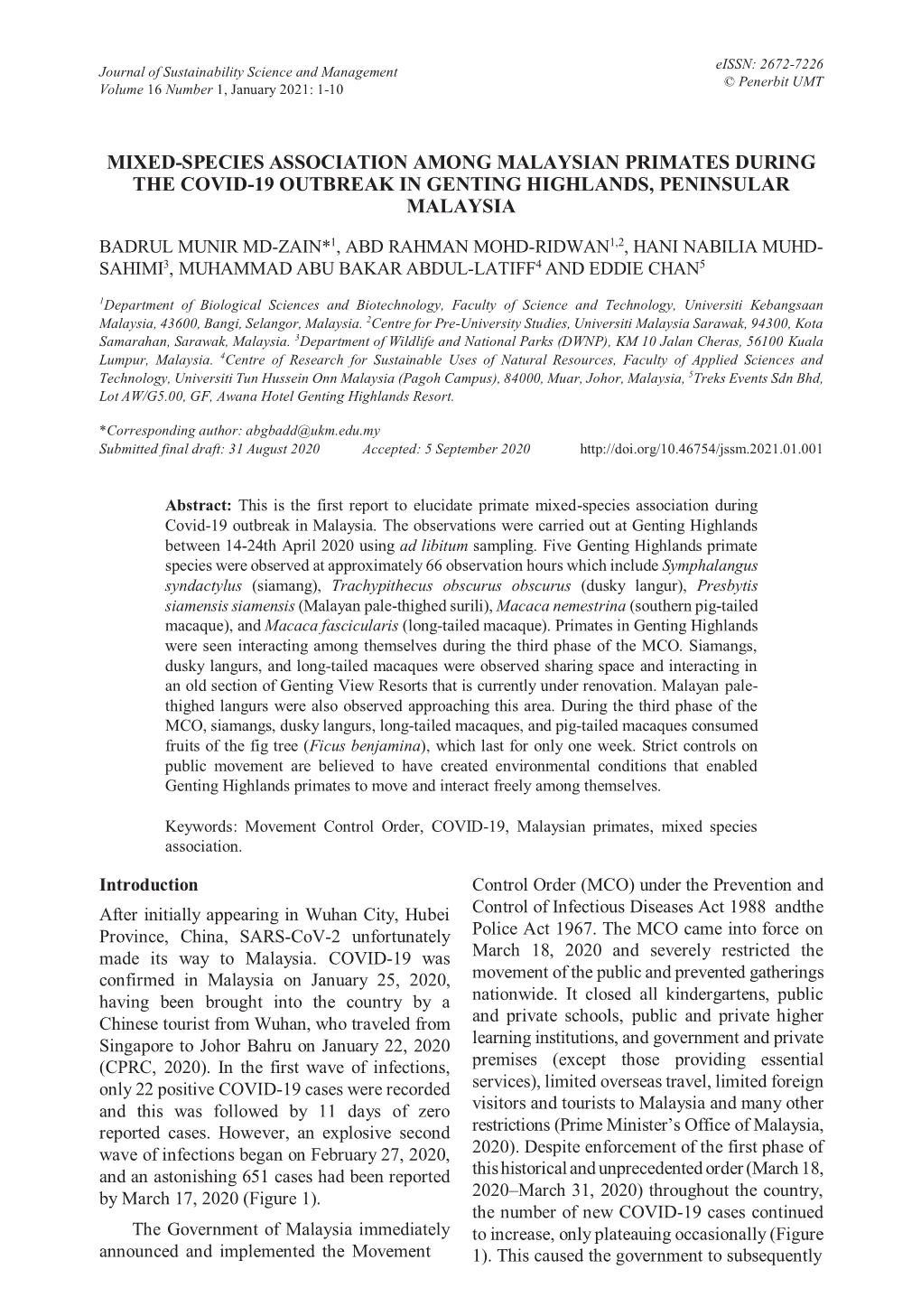 Mixed-Species Association Among Malaysian Primates During the Covid-19 Outbreak in Genting Highlands, Peninsular Malaysia