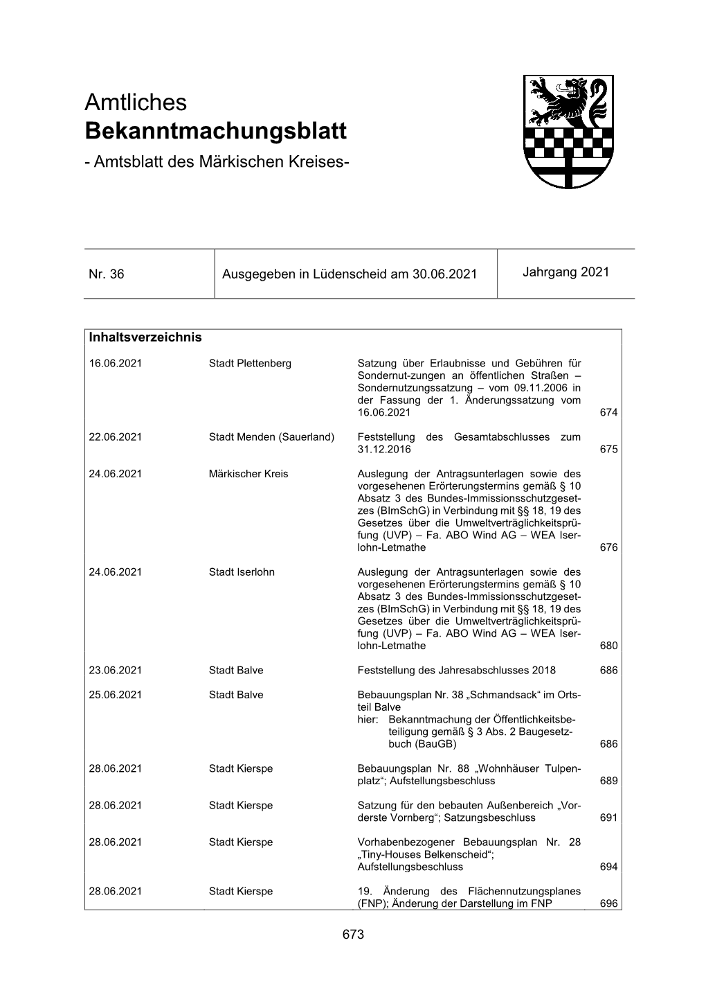 Amtliches Bekanntmachungsblatt - Amtsblatt Des Märkischen Kreises