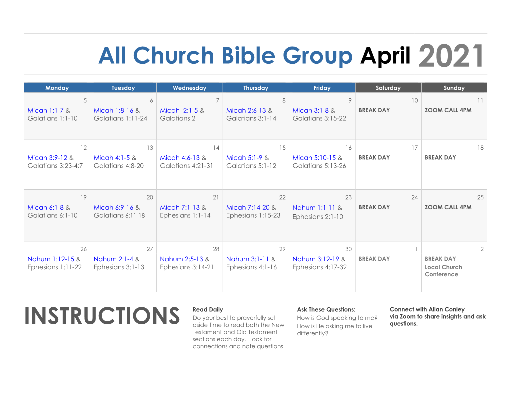All Church Bible Group April 2021 INSTRUCTIONS Read Daily