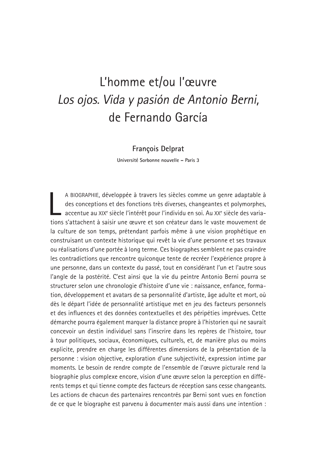 L'homme Et/Ou L'œuvre Los Ojos. Vida Y Pasión De Antonio Berni, De