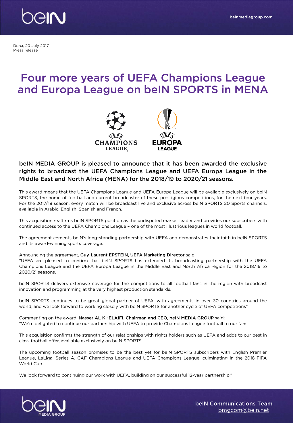 Four More Years of UEFA Champions League and Europa League on Bein SPORTS in MENA