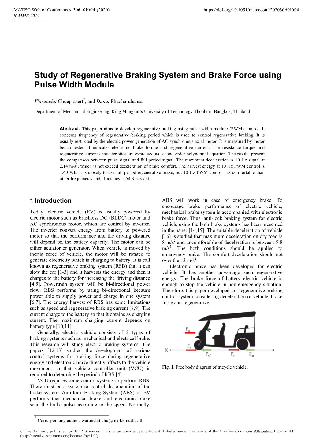 Study of Regenerative Braking System and Brake Force Using Pulse Width Module