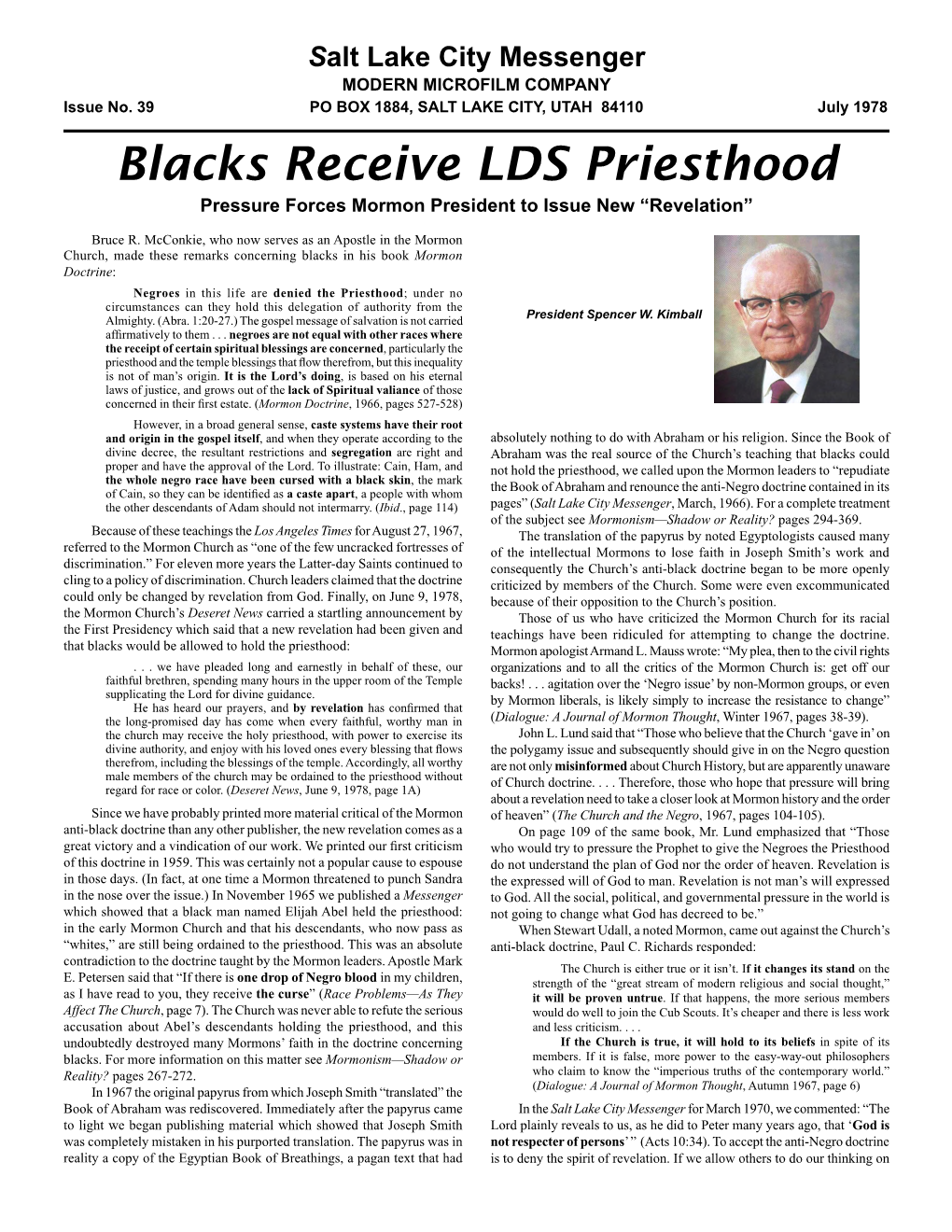 Blacks Receive LDS Priesthood Pressure Forces Mormon President to Issue New “Revelation”