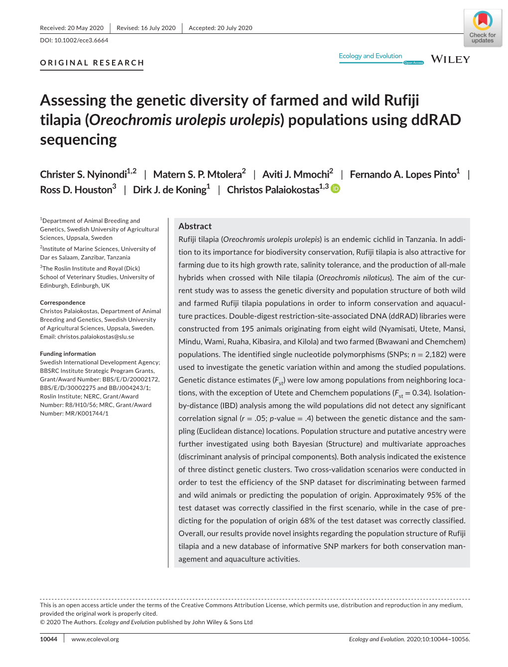 Assessing the Genetic Diversity of Farmed and Wild Rufiji Tilapia (Oreochromis Urolepis Urolepis) Populations Using Ddrad Sequencing