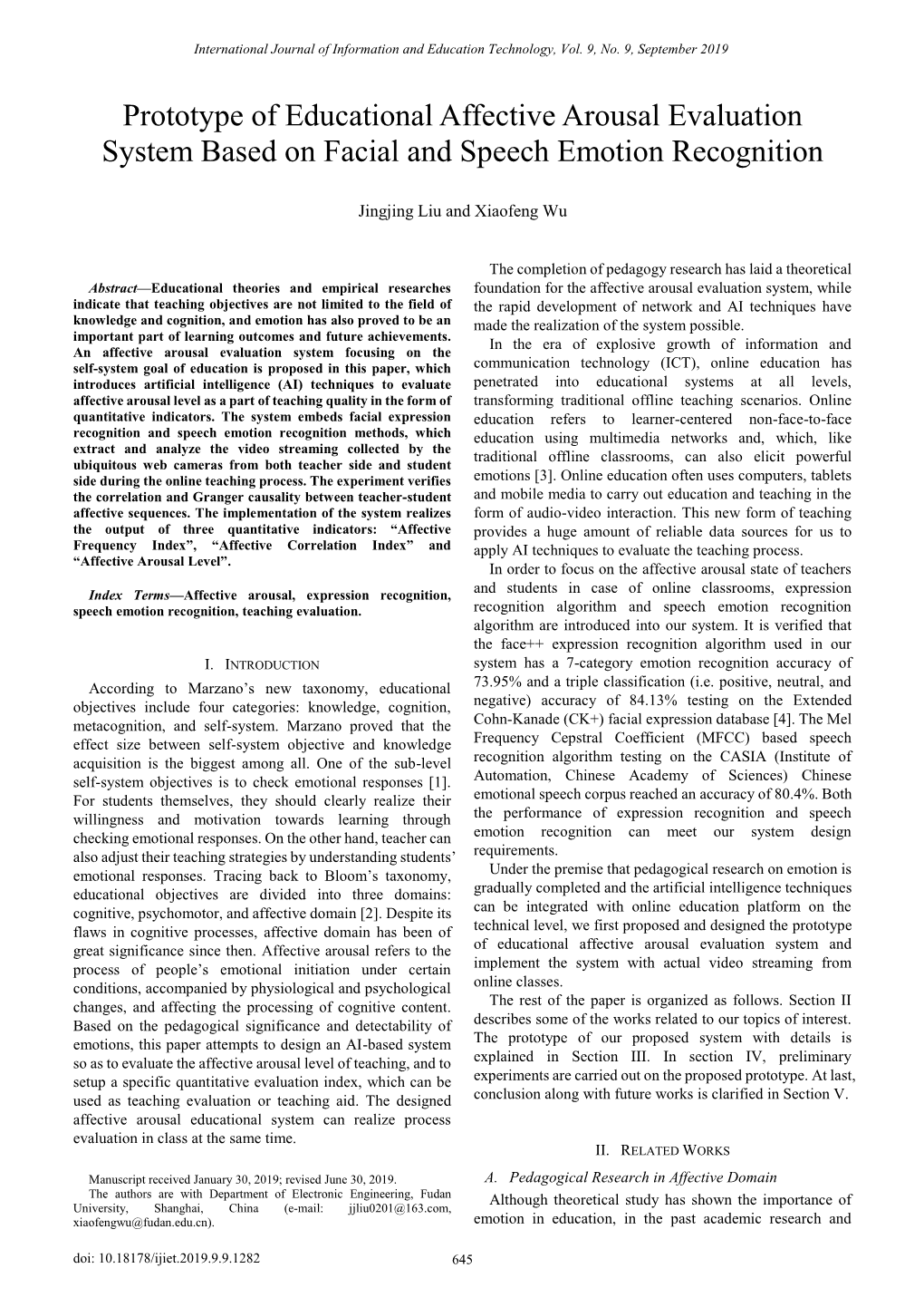 Prototype of Educational Affective Arousal Evaluation System Based on Facial and Speech Emotion Recognition