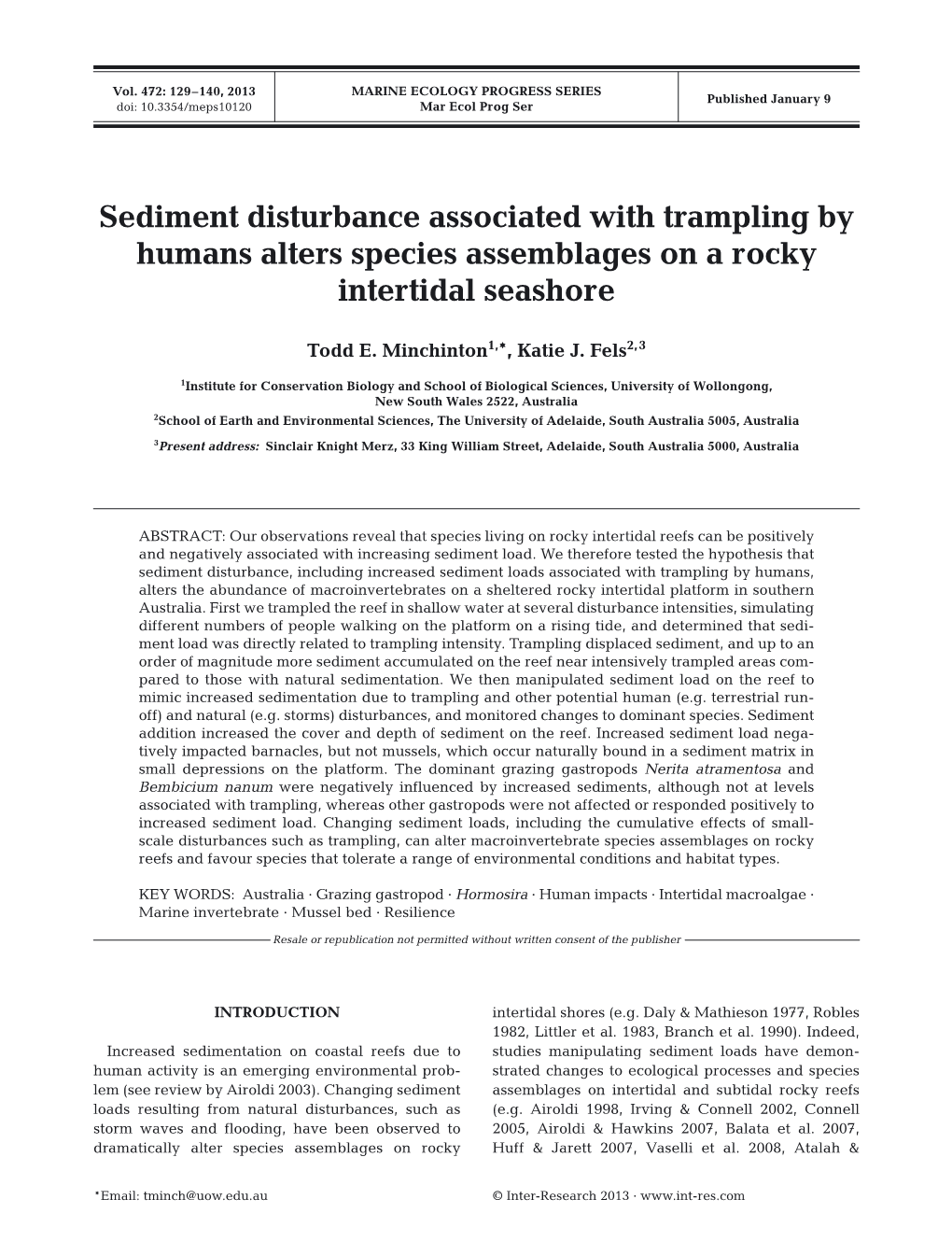 Sediment Disturbance Associated with Trampling by Humans Alters Species Assemblages on a Rocky Intertidal Seashore