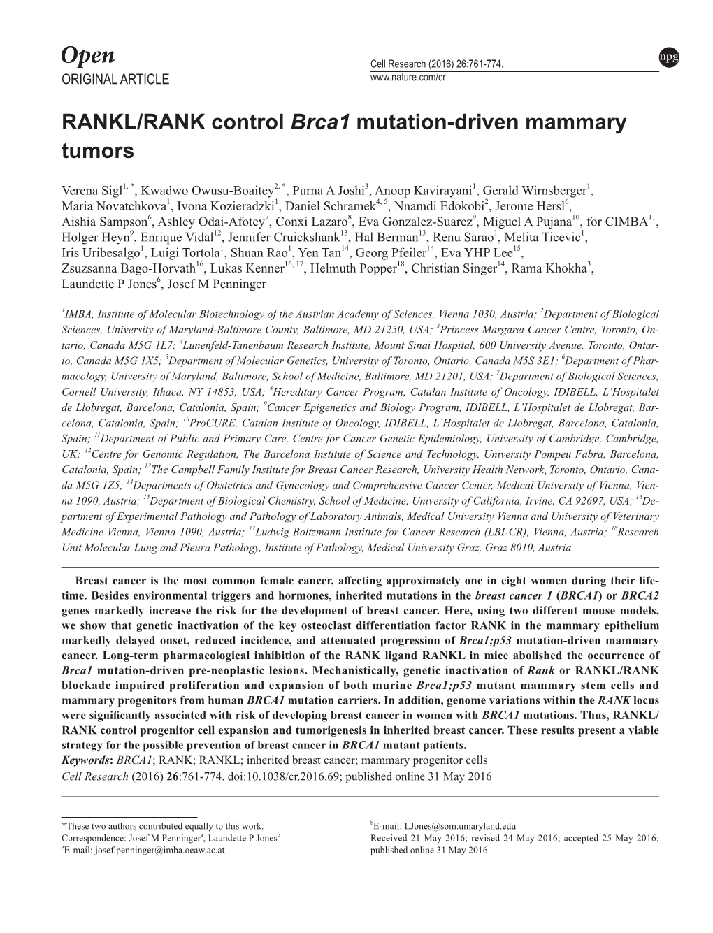RANKL/RANK Control Brca1 Mutation-Driven Mammary Tumors