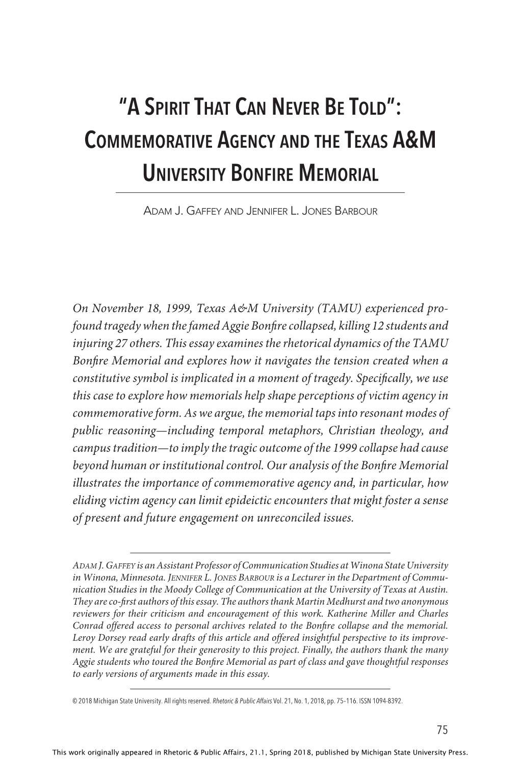 Commemorative Agency and the Texas A&M University Bonfire