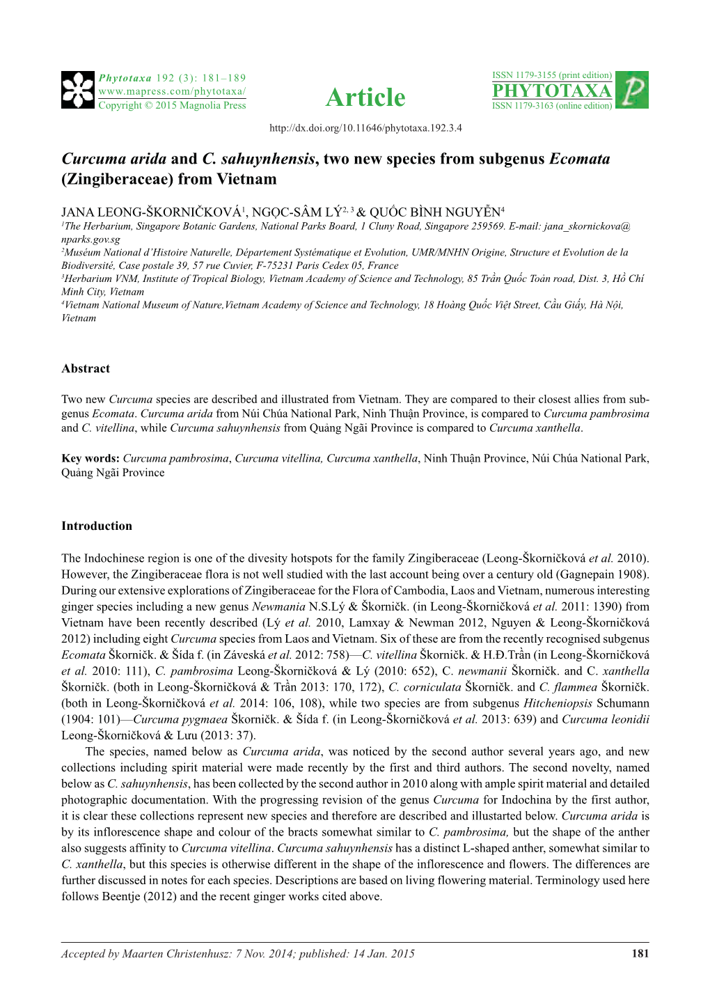 Curcuma Arida and C. Sahuynhensis, Two New Species from Subgenus Ecomata (Zingiberaceae) from Vietnam